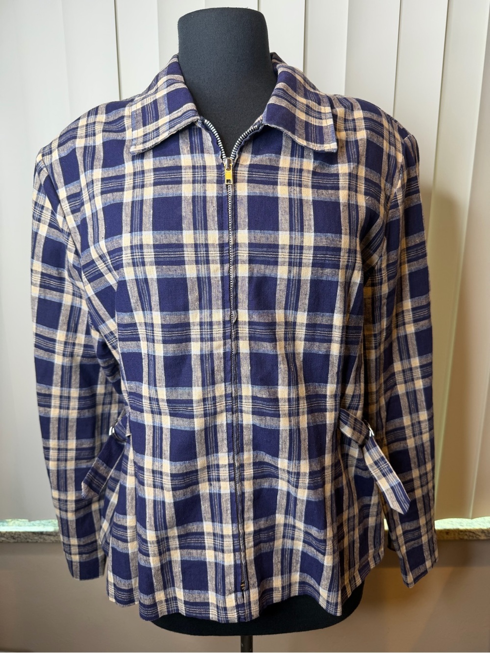 Vintage David Paul Navy and Cream Plaid Zip-Front Jacket Side Ties Size Large